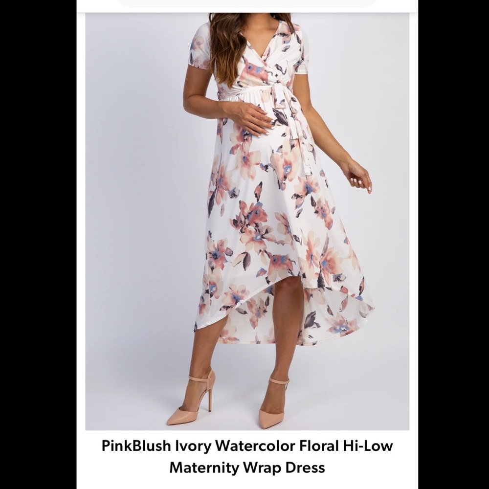PinkBlush Ivory Watercolor Floral Hi-Low
Maternity Wrap Dress